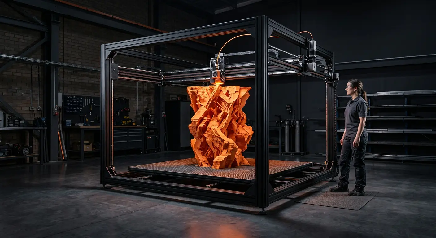 Impressora 3D gigante imprimindo uma escultura laranja ao lado de uma técnica